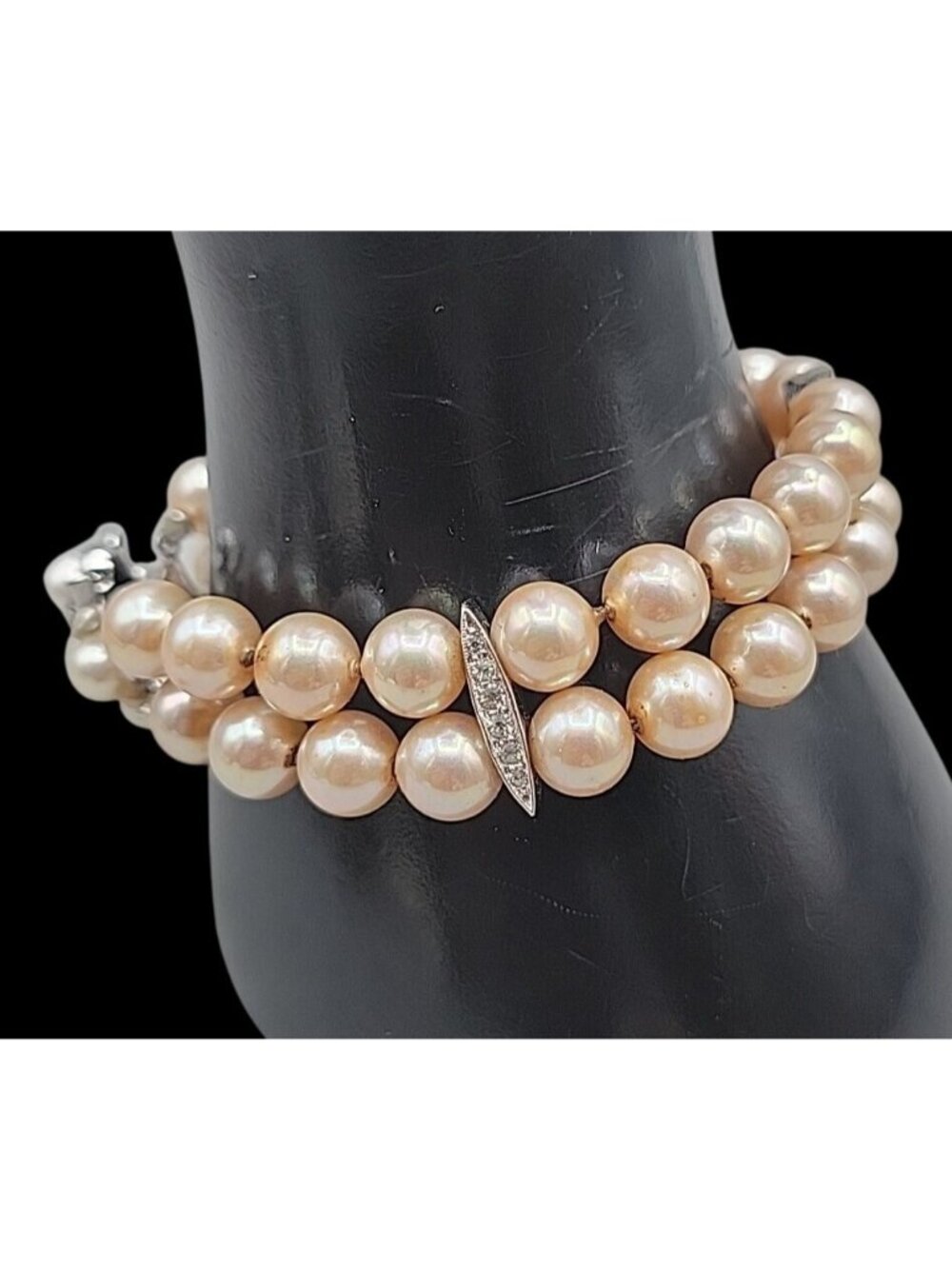 Vintage Panetta Double Strand Champagne Faux Pearl Bracelet Rhinestone Clasp - Picture 4 of 16